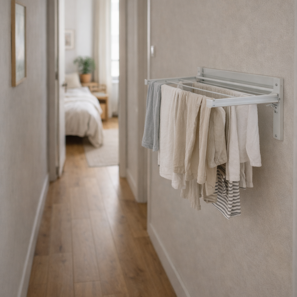 Couloir étroit d’un petit appartement européen avec étendoir mural discret pour faire sécher le linge sans encombrer l’espace
