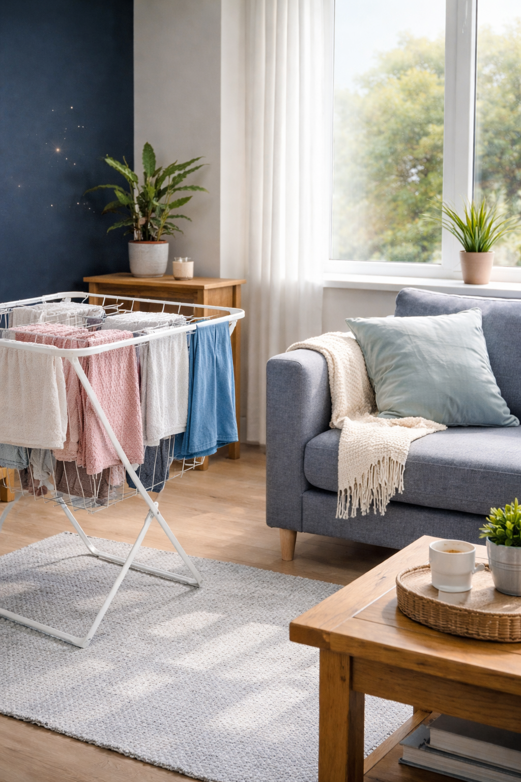 Appartement lumineux avec linge qui sèche rapidement en intérieur dans un air sain sans humidité