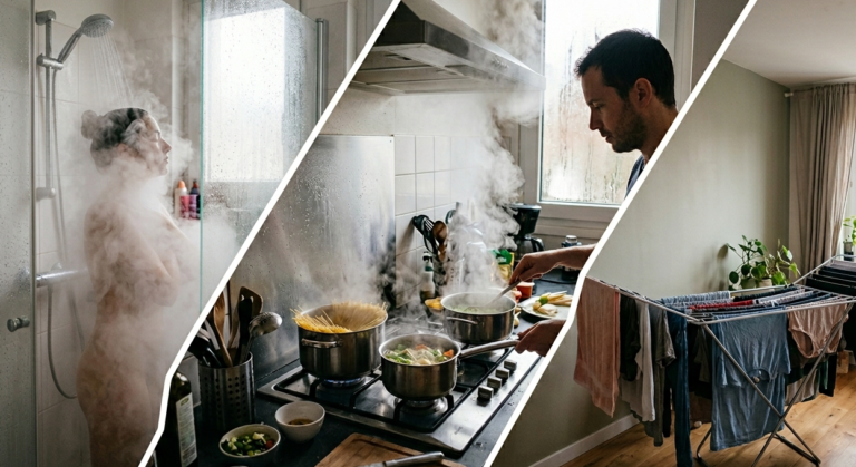Montage en trois parties montrant les sources d'humidité domestique : une douche chaude avec vapeur, des casseroles bouillantes en cuisine et du linge séchant à l'intérieur.