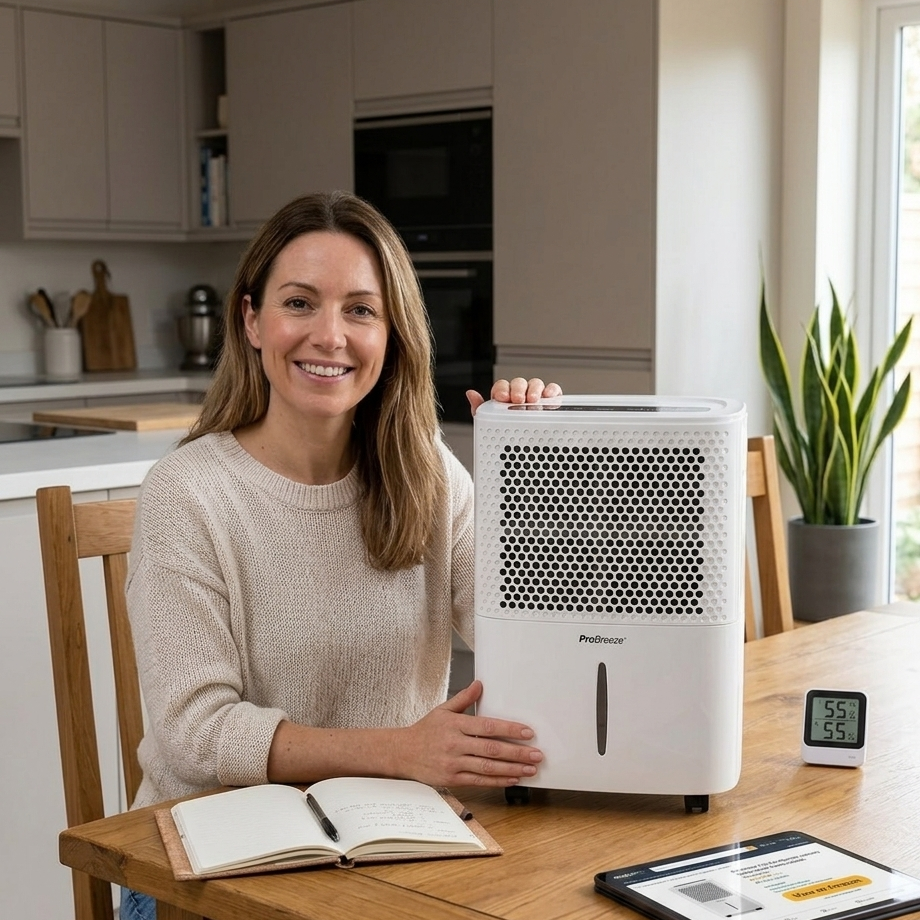 Déshumidificateur Pro Breeze 12L en situation réelle chez Claire avec linge qui sèche en intérieur