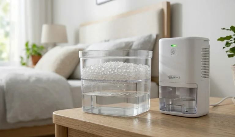 Comparatif entre un déshumidificateur électrique et un absorbeur d'humidité à cristaux dans une chambre.