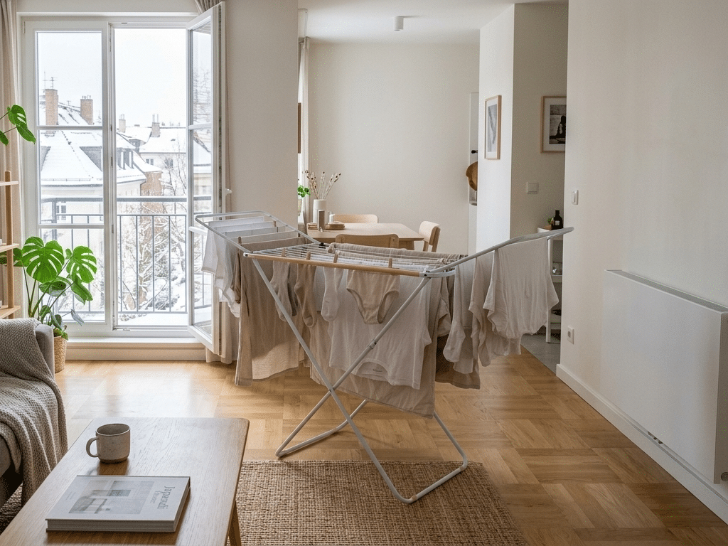 Positionner un étendoir loin du radiateur pour sécher son linge plus rapidement en appartement.