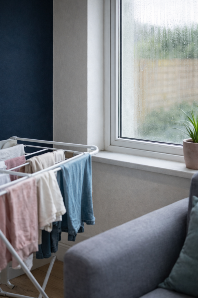 Humidité dans un appartement avec linge qui sèche en intérieur et condensation sur la fenêtre