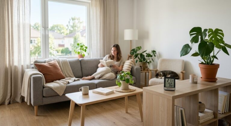Hygromètre affichant 50% d'humidité dans un salon lumineux, garantissant un air sain.