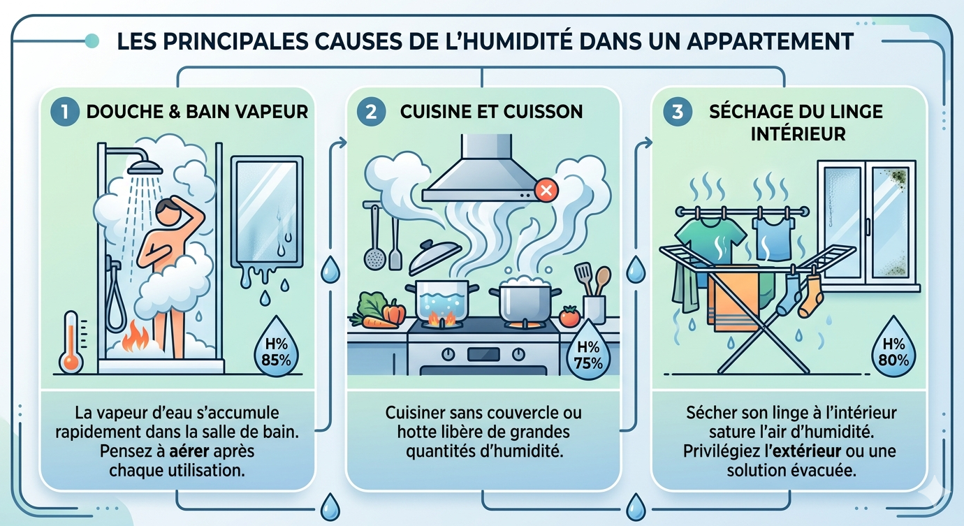 Infographie moderne illustrant 3 causes d'humidité : douche avec buée, cuisson sans couvercle et séchage du linge en intérieur avec pourcentages d'hygrométrie.