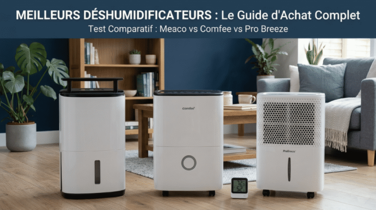 Comparatif des meilleurs déshumidificateurs 2026 : Meaco Arete One, Comfee MDDF et Pro Breeze 12L dans un salon.