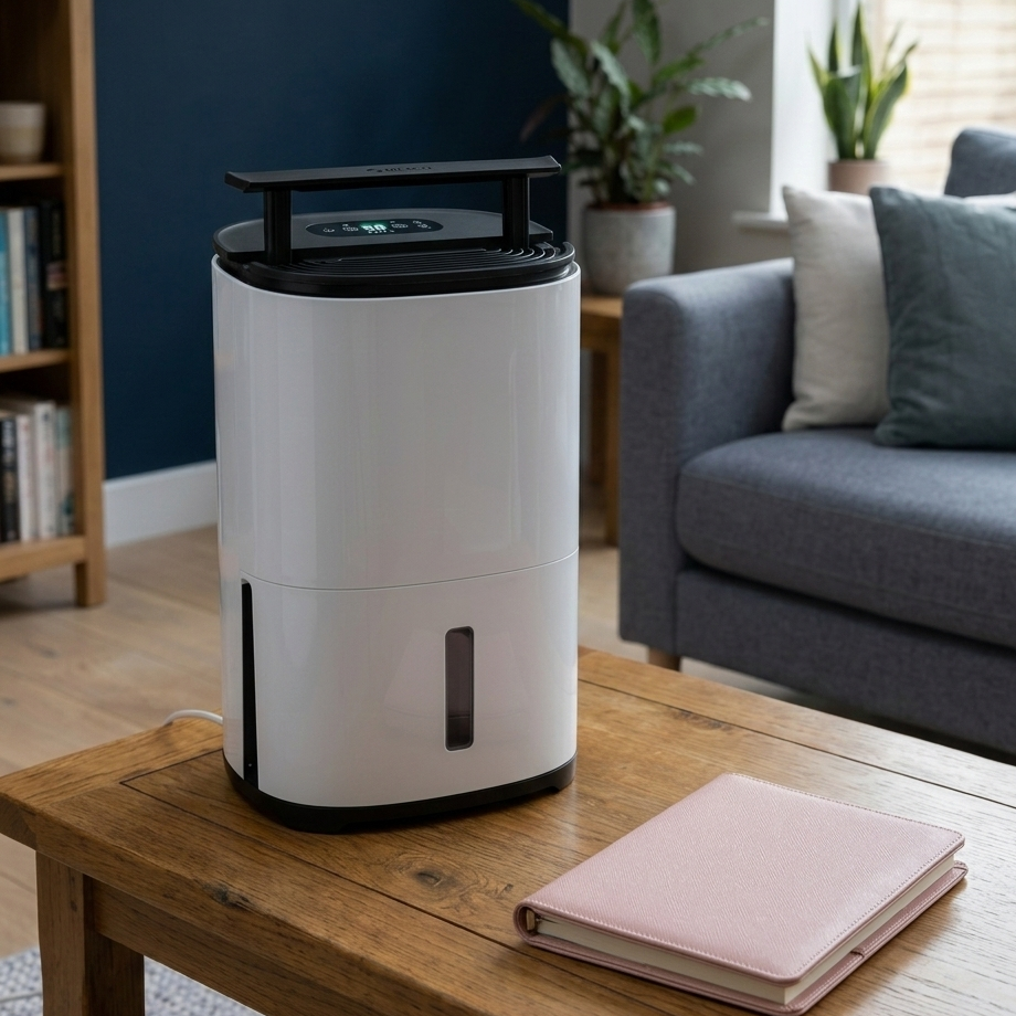 Test du déshumidificateur Meaco Arete One 20L sur une table en bois avec un agenda rose pâle et un plaid en arrière-plan.