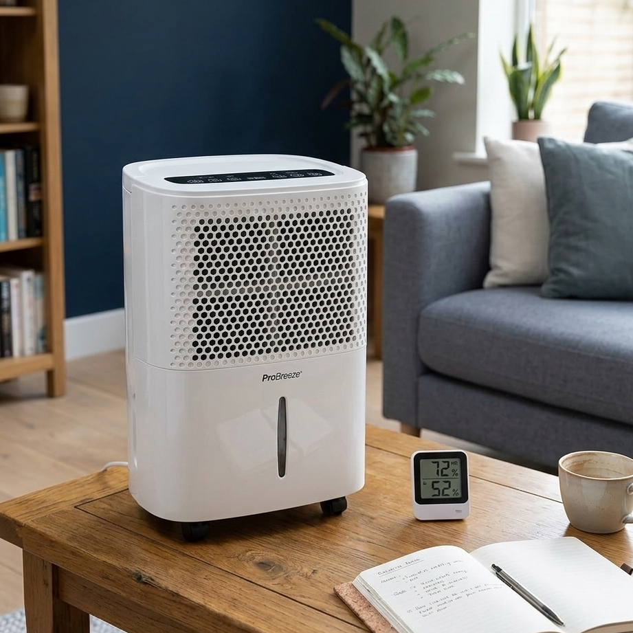 Test du déshumidificateur Pro Breeze posé sur une table en bois dans un salon lumineux.