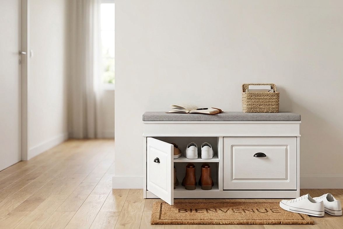 Banc de rangement d'entrée blanc avec assise grise, casier à chaussures ouvert, panier en osier et paillasson 'BIENVENUE' dans un appartement lumineux. Modèle SoBuy