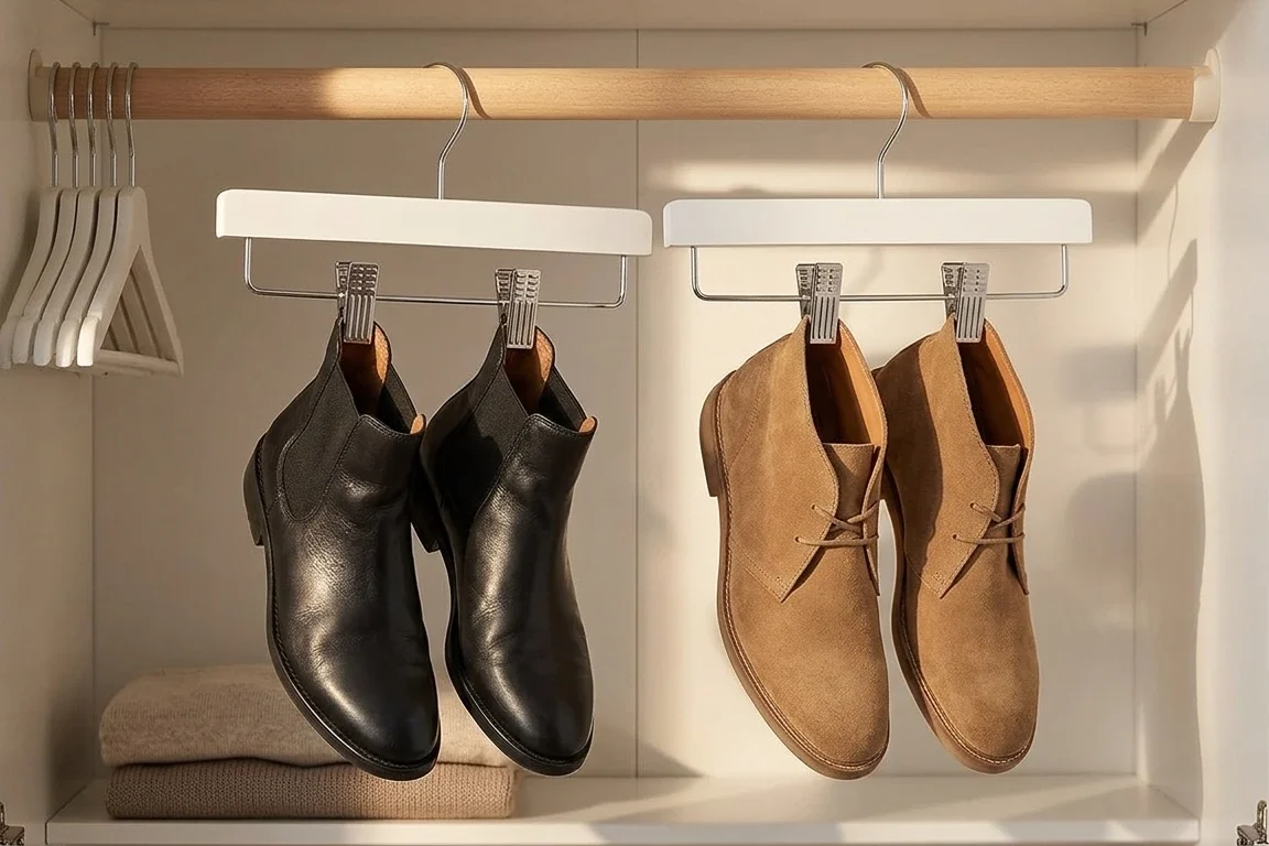 Cintres à pinces pour suspendre les bottes dans une penderie de petit appartement
