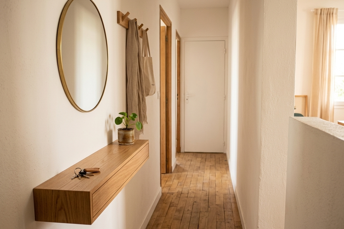 Console murale étroite dans un couloir d'appartement de moins de 80 cm, solution rangement entrée sans placard.