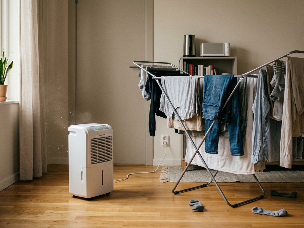Déshumidificateur blanc en marche placé à côté d'un étendoir à linge dans un appartement pour accélérer le séchage.