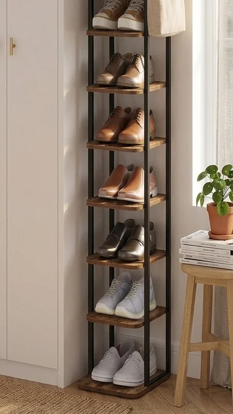 Étagère à chaussures verticale 10 niveaux dans un coin de chambre de petit appartement