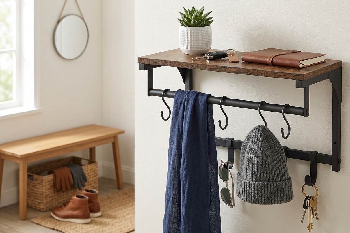 Étagère murale d'entrée style industriel bois et métal noir avec crochets, clés, bonnet et écharpe dans un appartement lumineux.