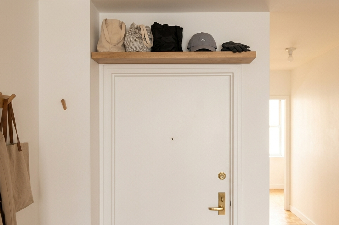 Étagère flottante au-dessus de la porte d'entrée pour maximiser le rangement dans un petit appartement