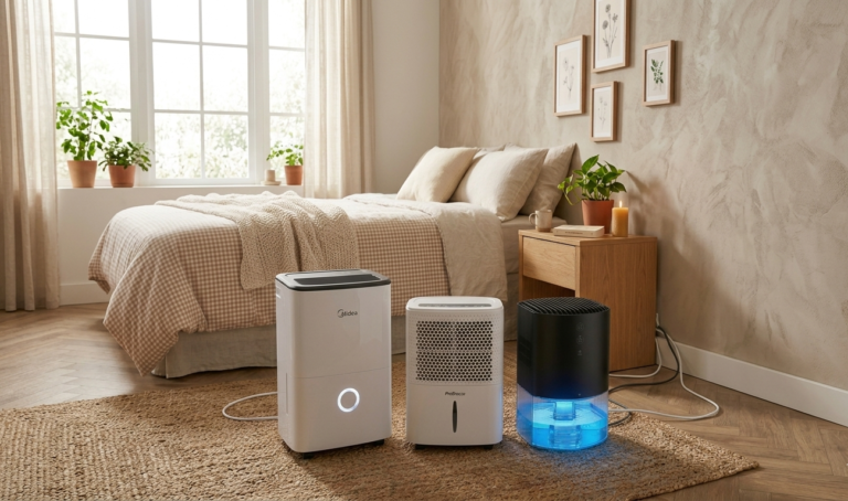 Comparatif des 3 meilleurs déshumidificateurs pour chambre : modèles Midea, Pro Breeze et mini déshumidificateur LED.