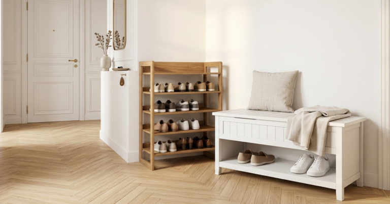 Rangement chaussures optimisé dans une entrée d'appartement sans placard : étagère en bois et banc de rangement blanc.