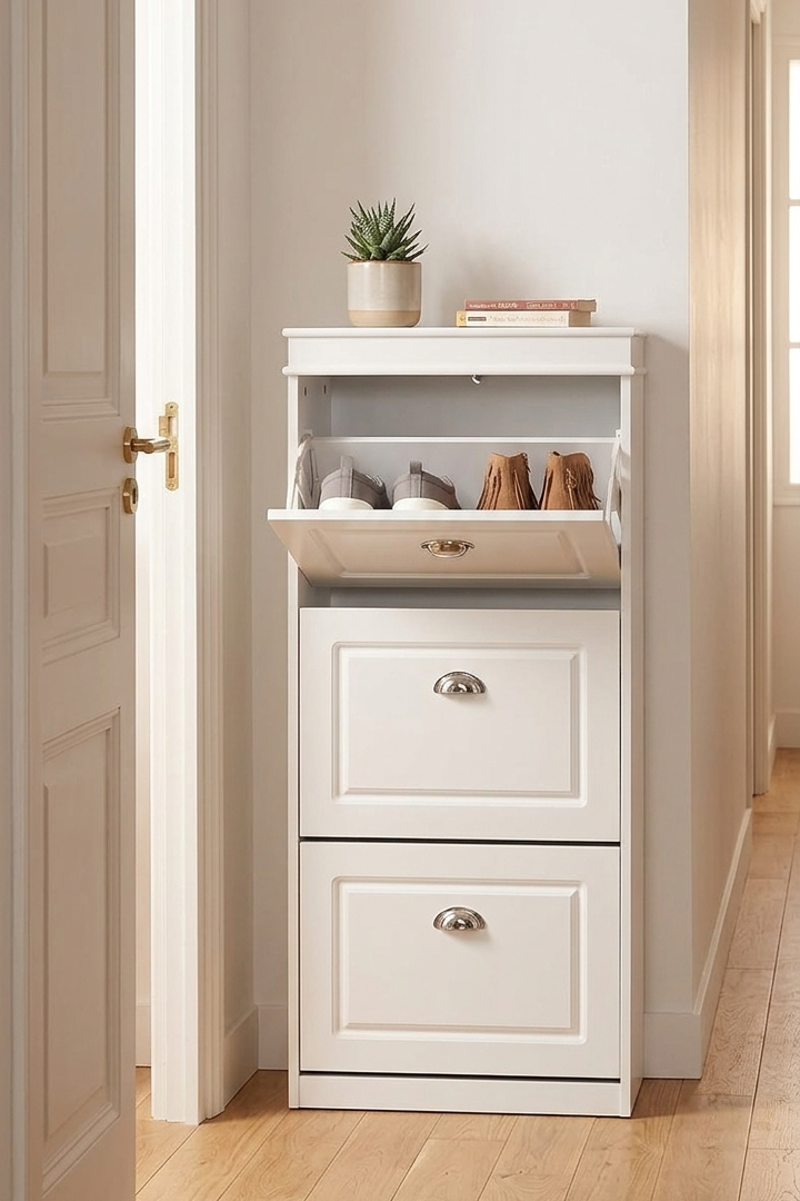 Meuble à chaussures étroit blanc avec abattant ouvert dans un couloir d'appartement, gain de place entrée étroite.