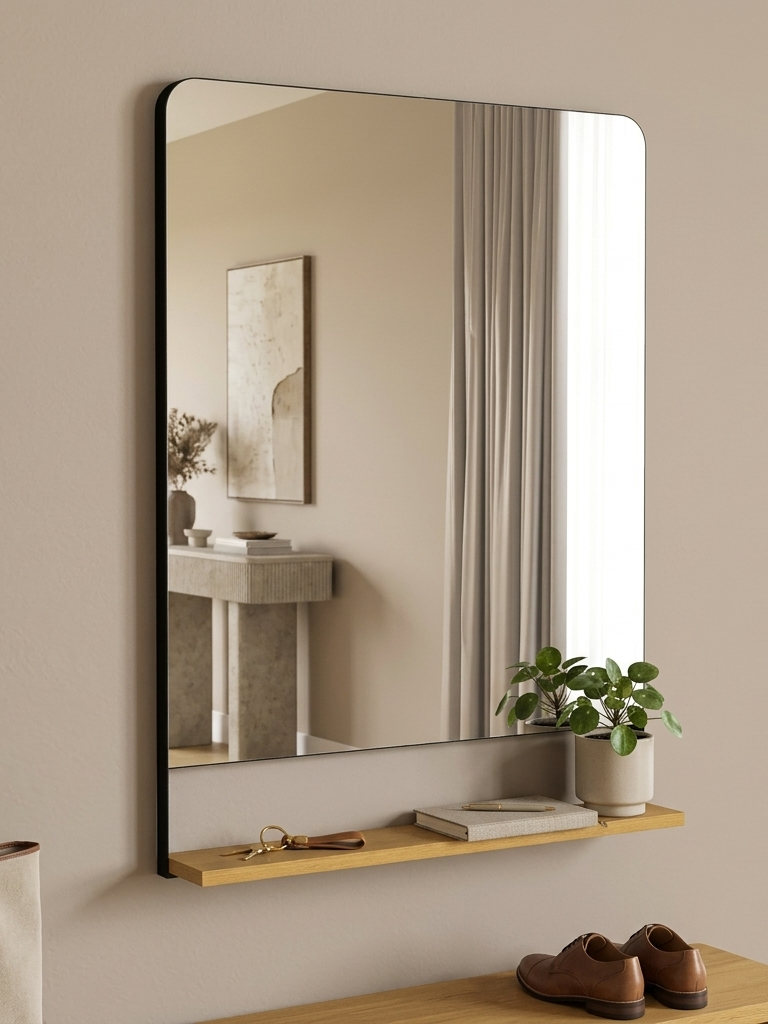 Miroir mural rectangulaire avec cadre noir et tablette fine en chêne installé dans une entrée moderne avec clés et plante.