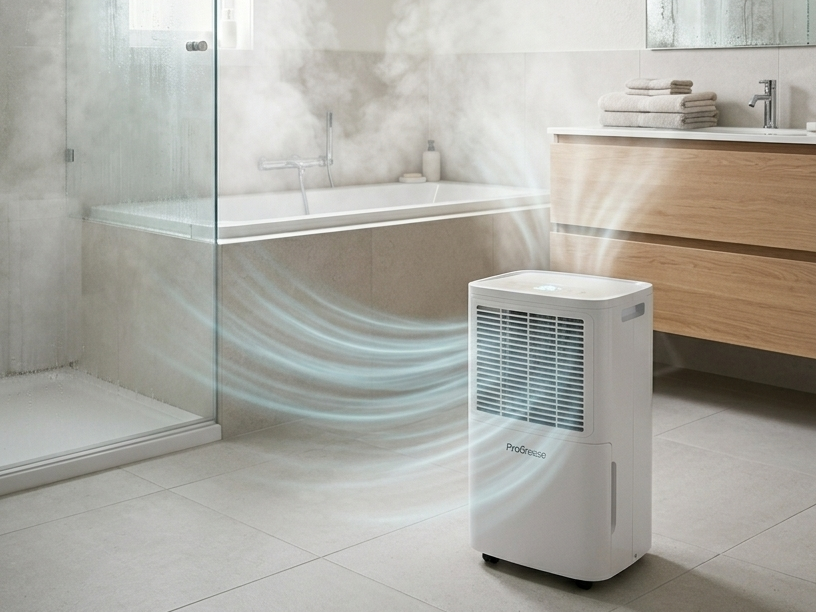 Déshumidificateur d'air blanc Pro Breeze placé en toute sécurité près d'une douche pleine de vapeur dans une salle de bain moderne.