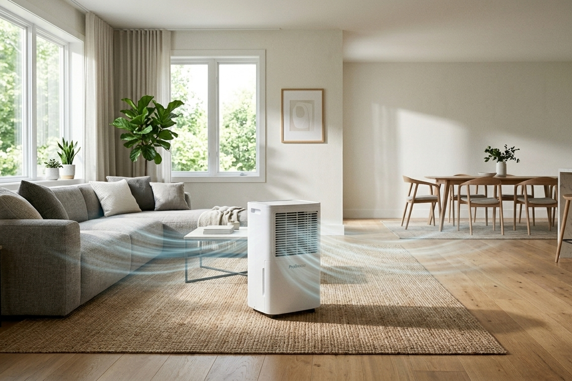 Déshumidificateur d'air placé au centre d'un grand salon moderne pour une déshumidification homogène.