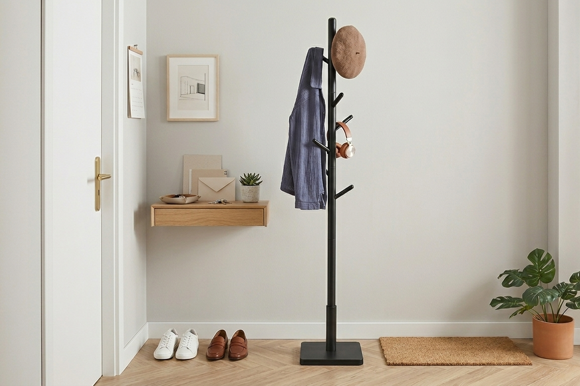 Porte-manteau sur pied noir Vasagle dans une petite entrée d'appartement moderne sans placard.