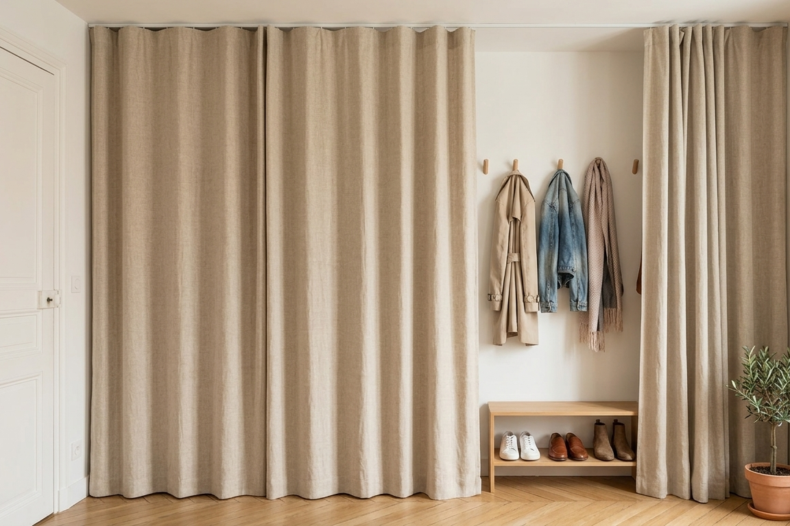 Rideau cache-rangement en lin dans une entrée d'appartement sans placard, solution de rangement économique et esthétique.