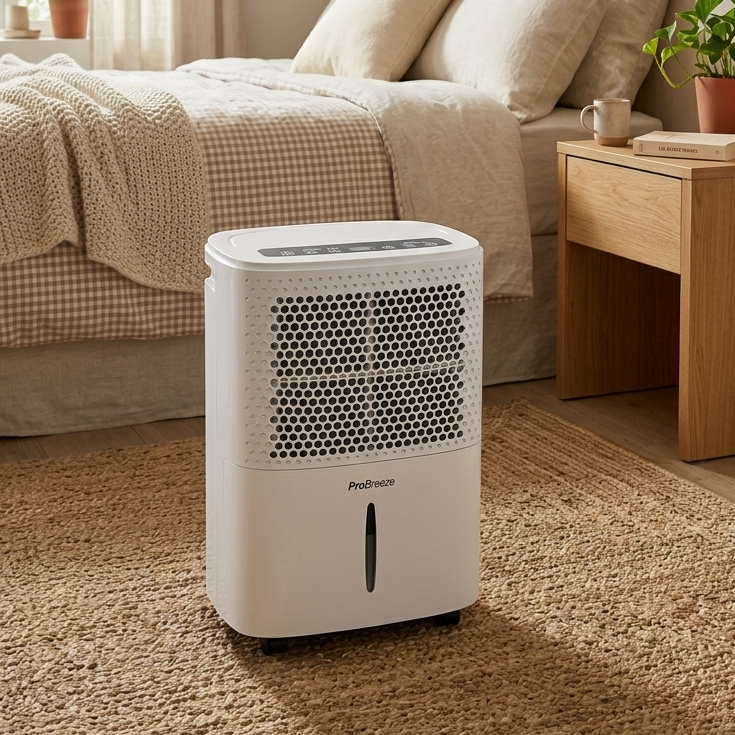 Déshumidificateur Pro Breeze 12L en fonctionnement dans une chambre lumineuse et décorée.