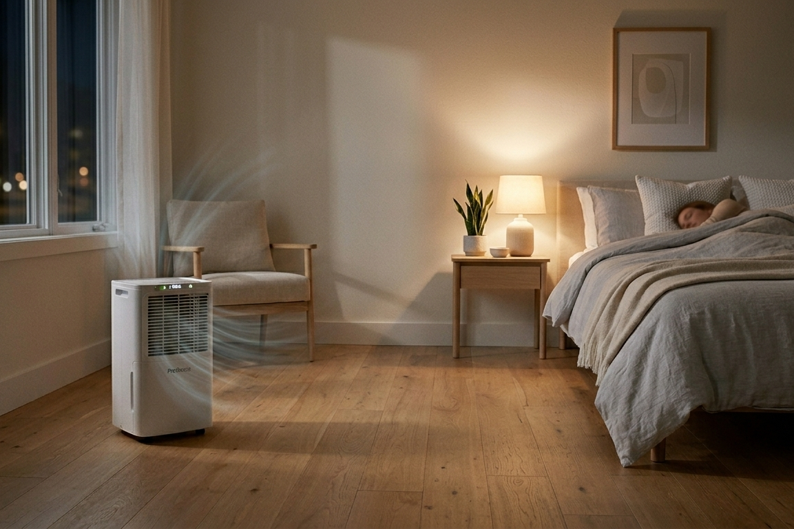 Déshumidificateur placé à bonne distance du lit dans une chambre la nuit pour un sommeil sans bruit.