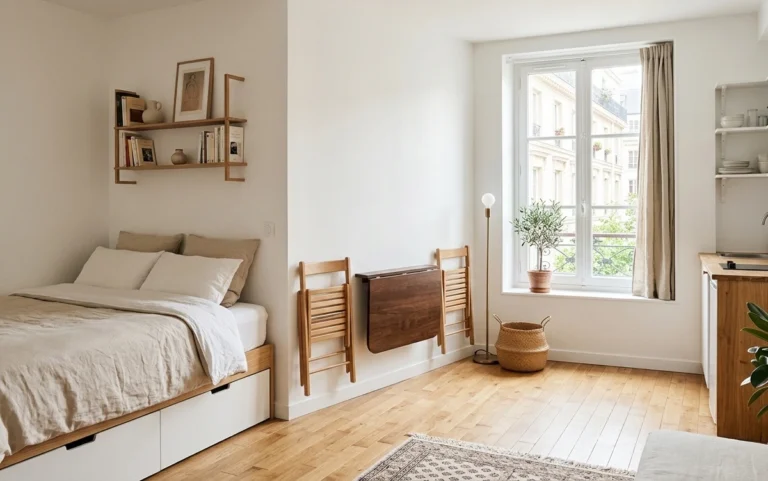 Aménagement studio 22m2 optimisé style minimaliste français avec lit à tiroirs, table pliante et lumière naturelle.