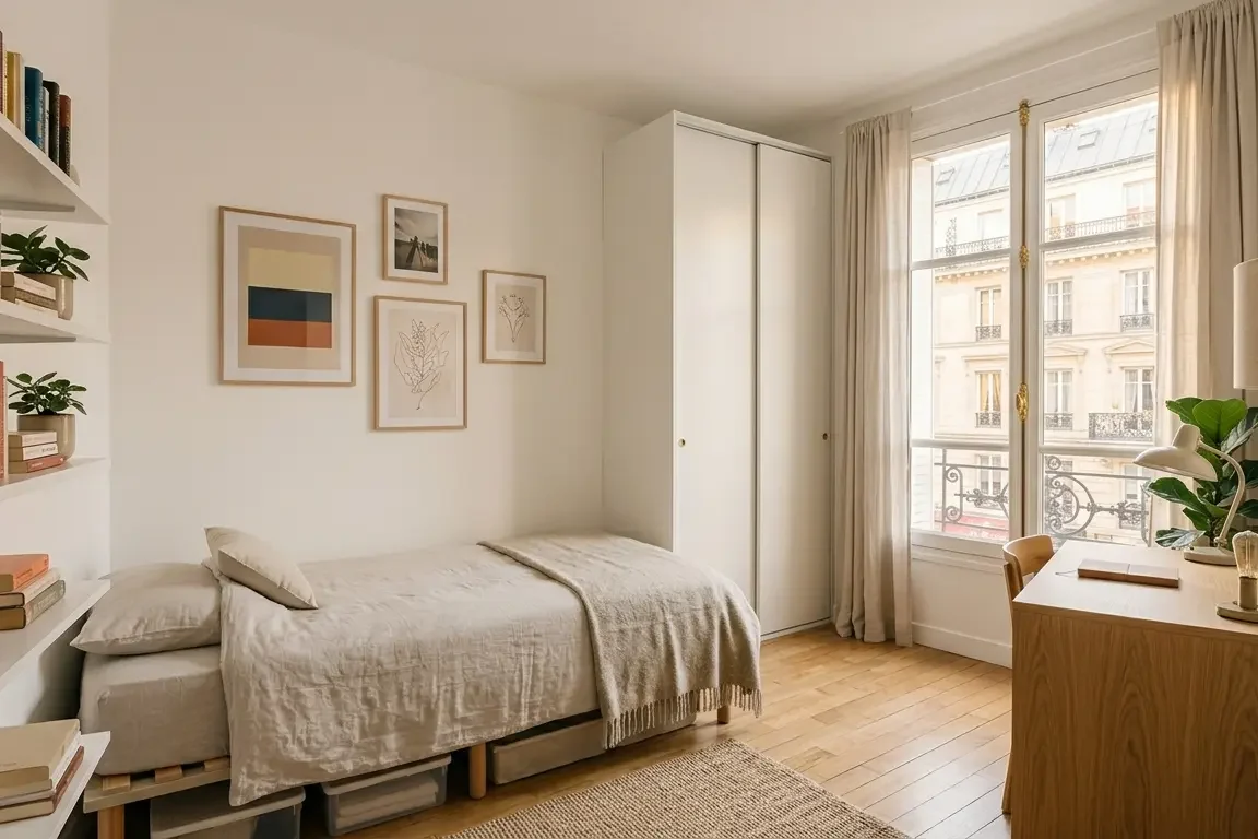 Chambre optimisée dans une colocation — étagères murales, rangement sous lit et bureau compact