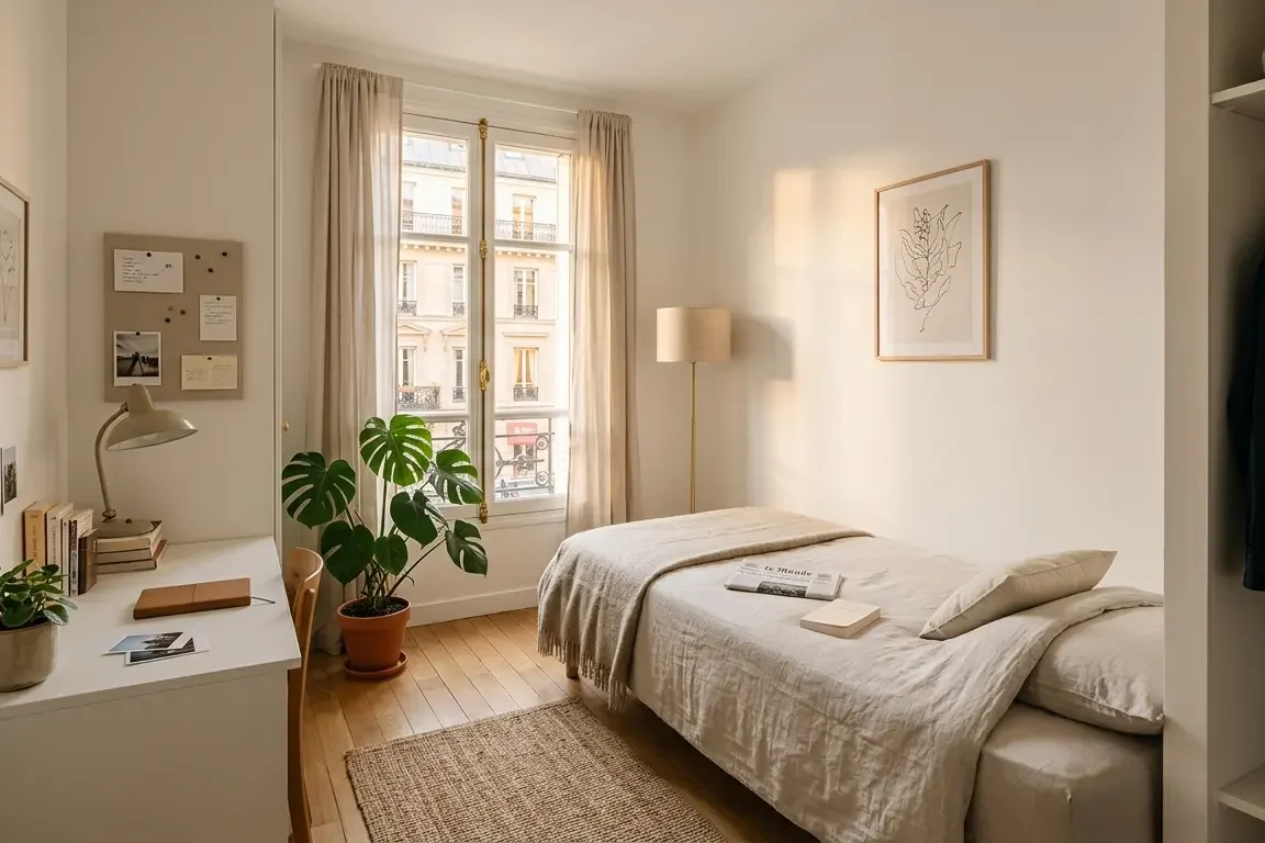 Chambre personnelle dans une colocation — espace privé organisé et reposant