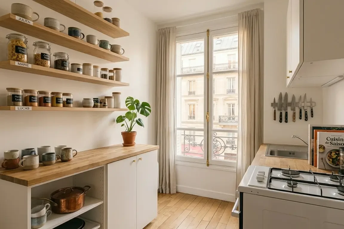 Cuisine partagée en colocation organisée avec sections séparées par colocataire