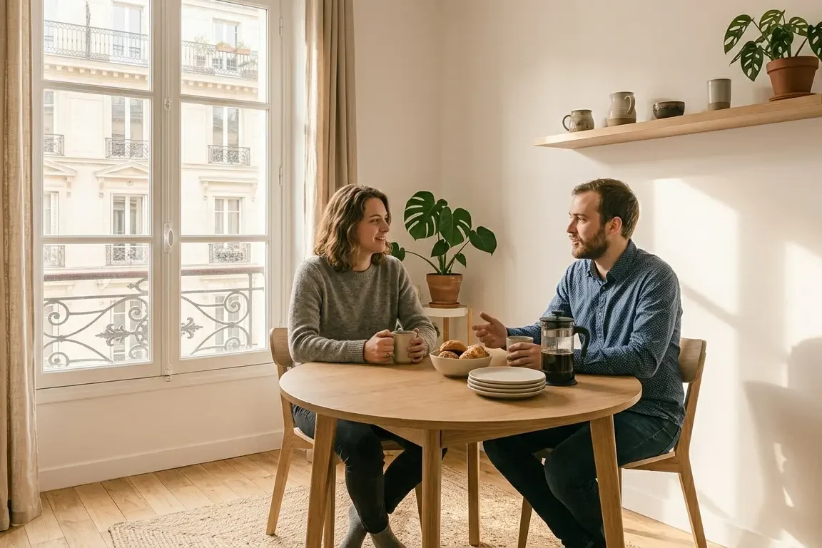 Discussion entre colocataires autour d'un café dans une petite cuisine — règles de vie en colocation