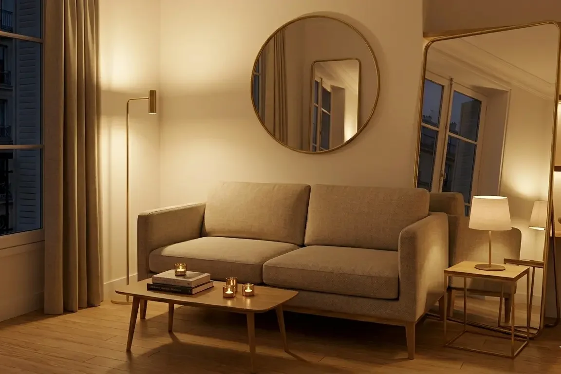 Éclairage en couches dans un petit salon le soir — lampe de sol, LED sous étagères, lampe de table
