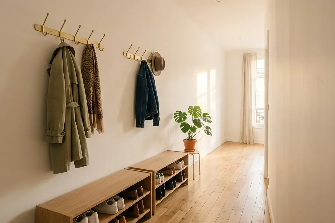 Entrée de colocation organisée avec zones personnelles distinctes — patères et range-chaussures séparés