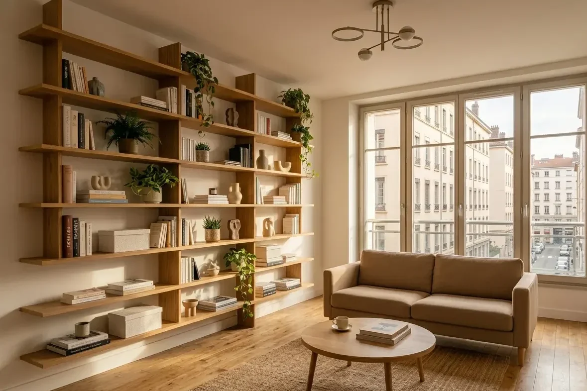 Étagères murales du sol au plafond dans un petit salon — livres plantes et objets déco