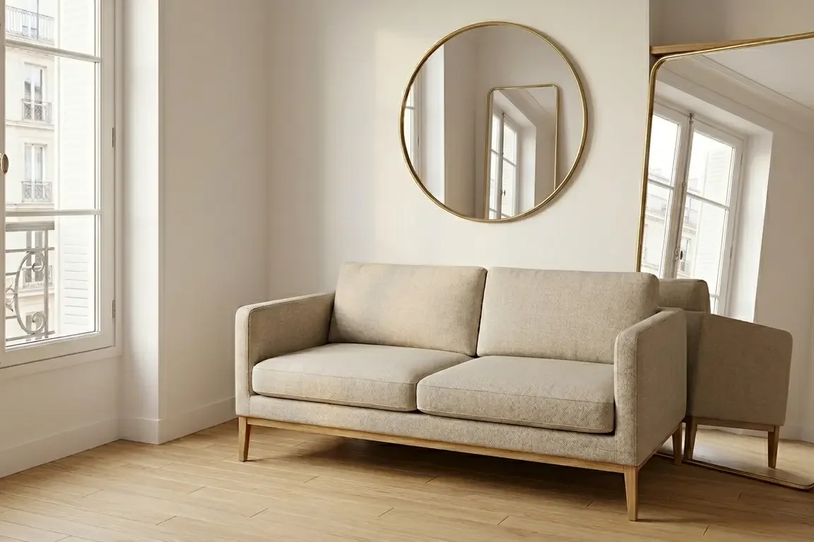 Grand miroir dans un petit salon reflétant la lumière naturelle — effet agrandissement immédiat