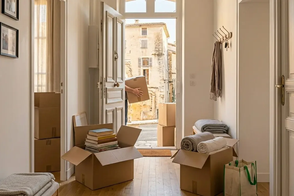 Jour de déménagement dans un petit appartement — déchargement des cartons dans l'entrée