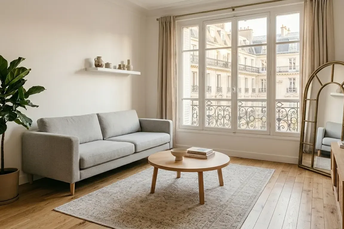 Petit salon avec zones de circulation dégagées de 60 cm entre les meubles