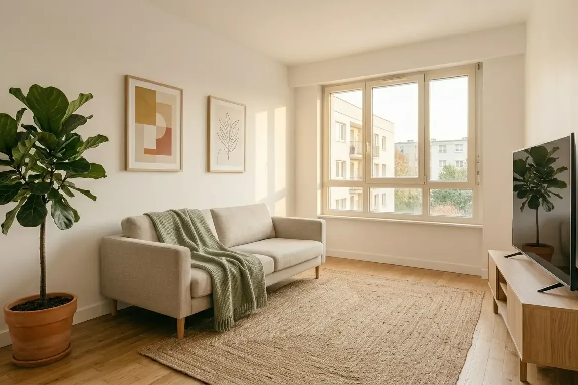 Petit salon avec déco minimaliste intentionnelle — plante, affiches, plaid et tapis naturel