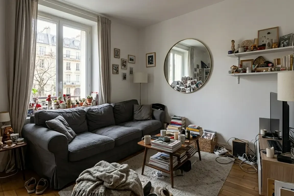 Petit salon encombré avec canapé trop grand et déco excessive — ce qu'il faut éviter