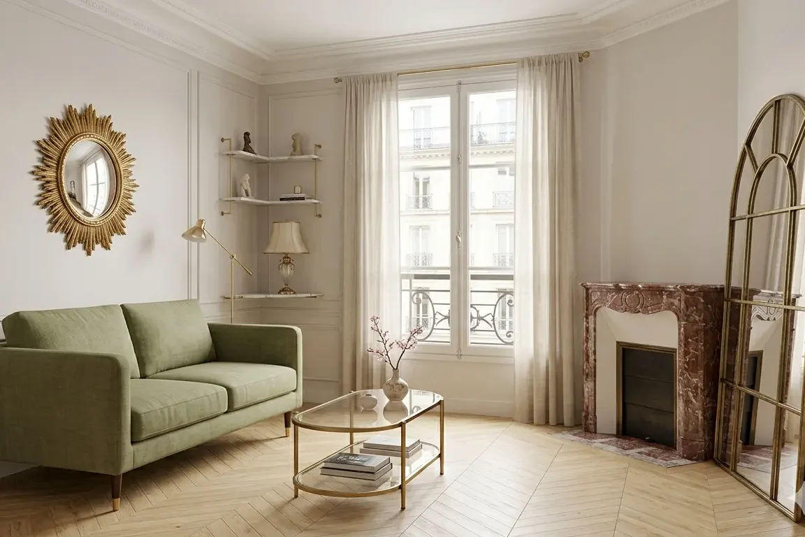 Petit salon avec murs blancs et un mur accent en greige clair — agrandissement visuel par la couleur