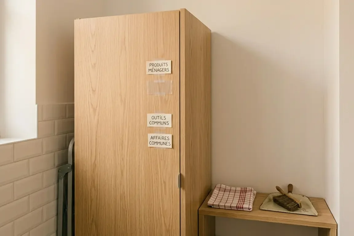 Placard commun en colocation organisé avec sections étiquetées — produits ménagers et affaires communes