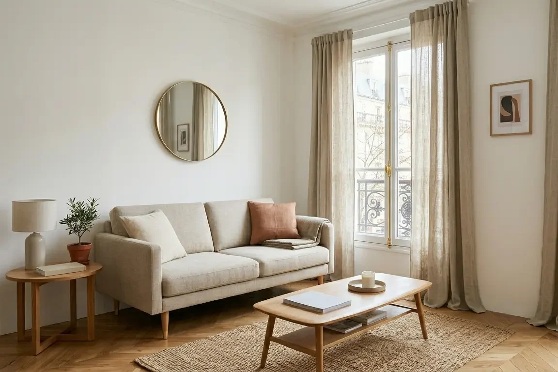 Rideaux lin du sol au plafond dans un petit salon — effet hauteur et lumière