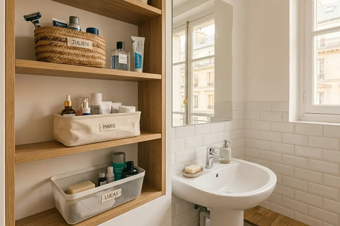 Salle de bain partagée en colocation avec paniers séparés par colocataire sur étagères