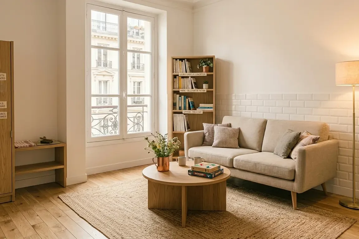 Salon partagé en colocation minimaliste et organisé — canapé compact et étagère avec sections séparées