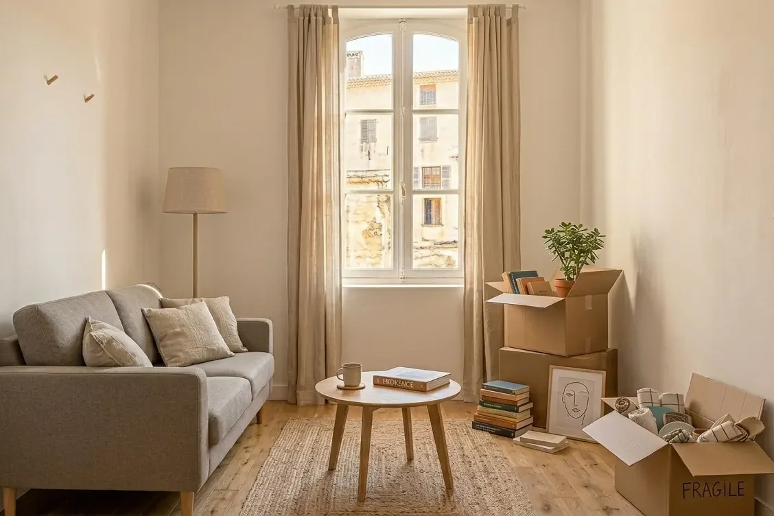 Salon d'un petit appartement après emménagement — canapé et table basse installés