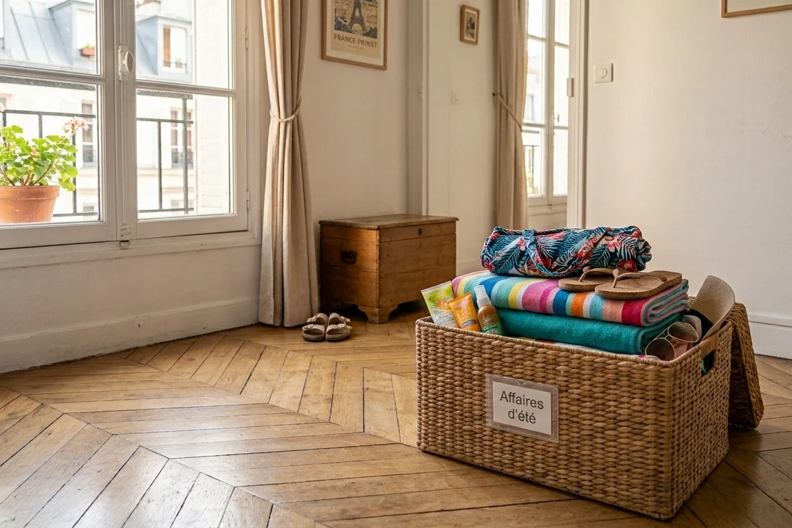 Affaires de plage rangées dans une boîte étiquetée dans un petit appartement — serviettes crème solaire et tongs