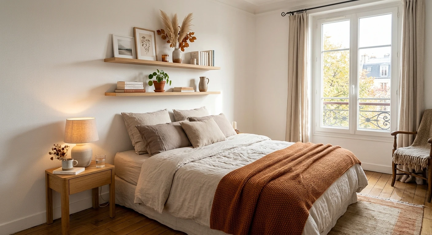 Chambre de petit appartement réorganisée pour la rentrée — linge de lit neutre et étagères rangées
